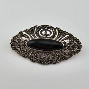Vintage Art Deco Marcasite Onyx Sterling Silver Pin Brooch